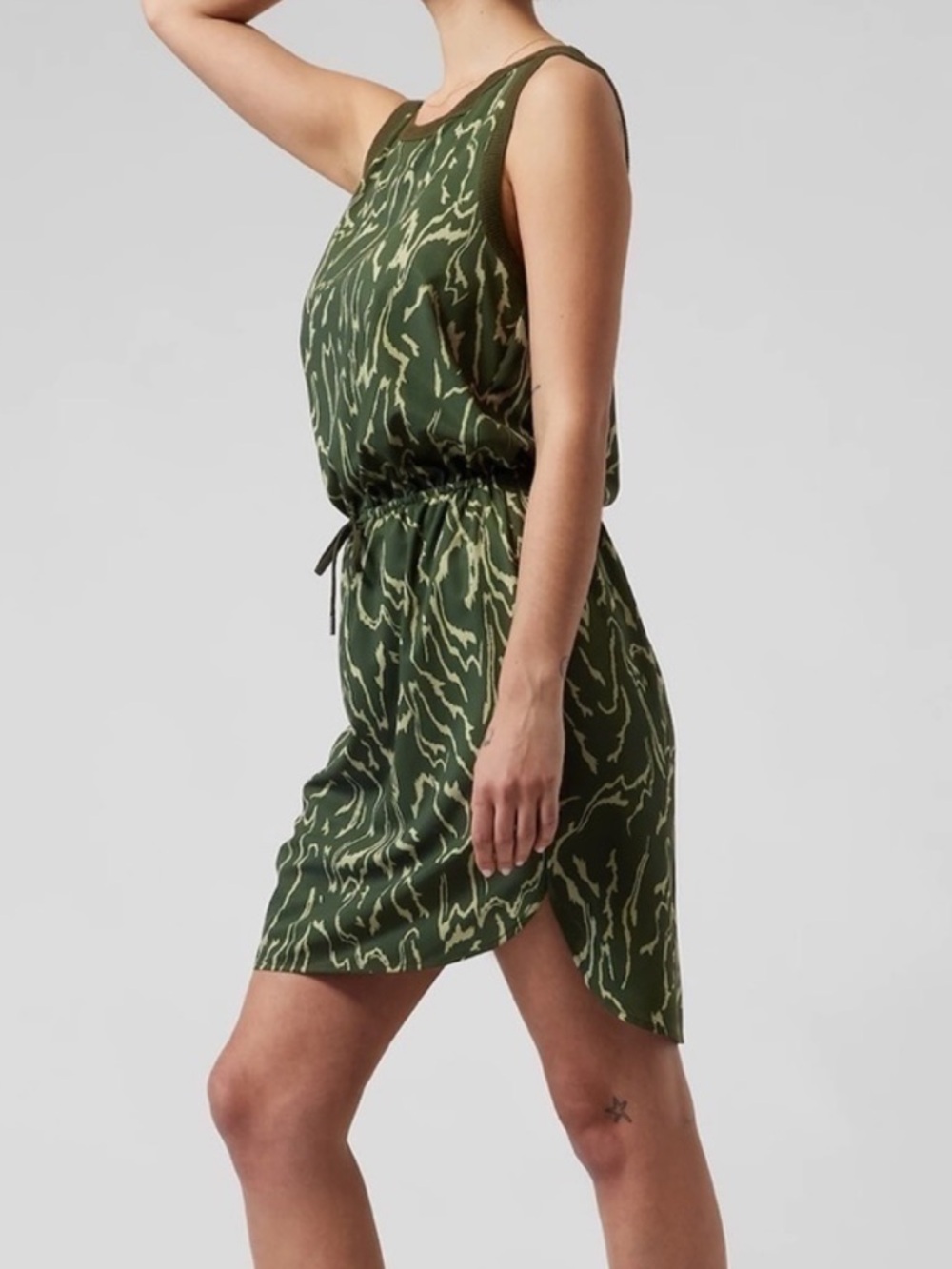 Athleta Olive Green Printed Sleeveless Drawstring Mini Dress